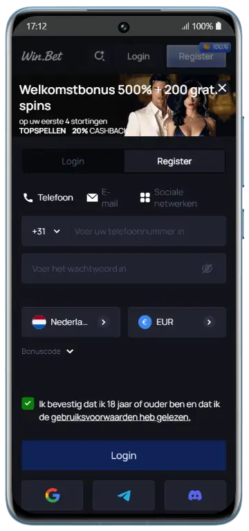 Win.Bet registratieformulier telefoon